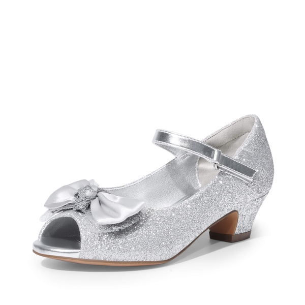 Girls' Bow Flower Low Heel Dress Shoes  - SILVER-GLITTER -  0
